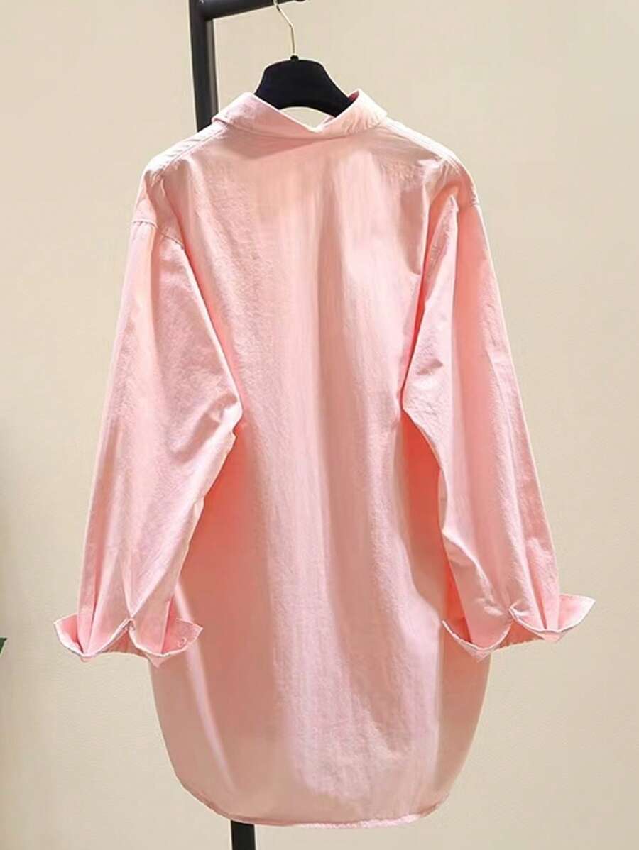 قميص نسائي فضفاض بأكمام طويلة وياقة دائرية بسيطة Shein