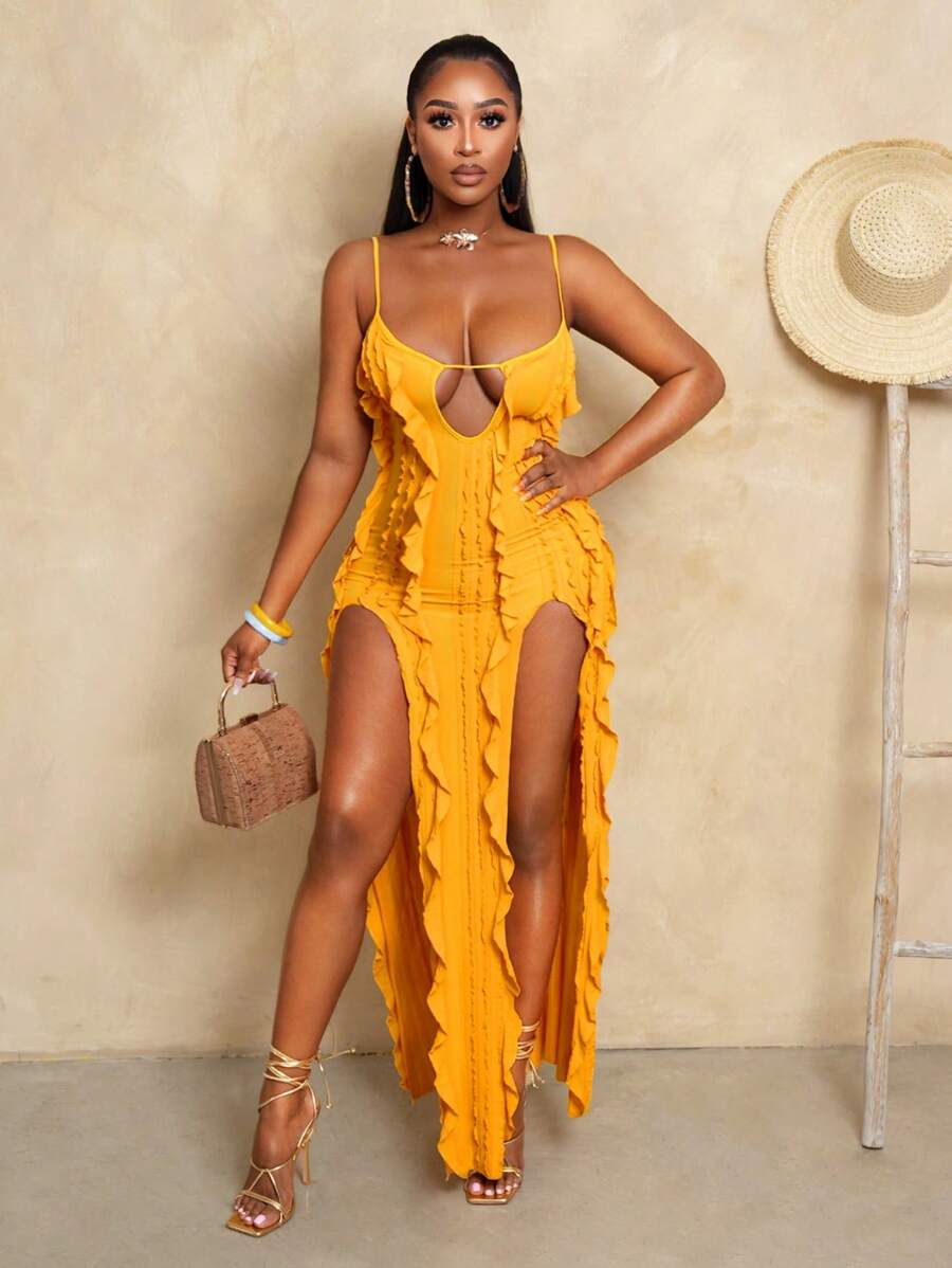 فستان كامي نسائي من BamGleam بلون سادة وحاشية مكشكشة ومنفصلة ومنخفضة الارتفاع Shein