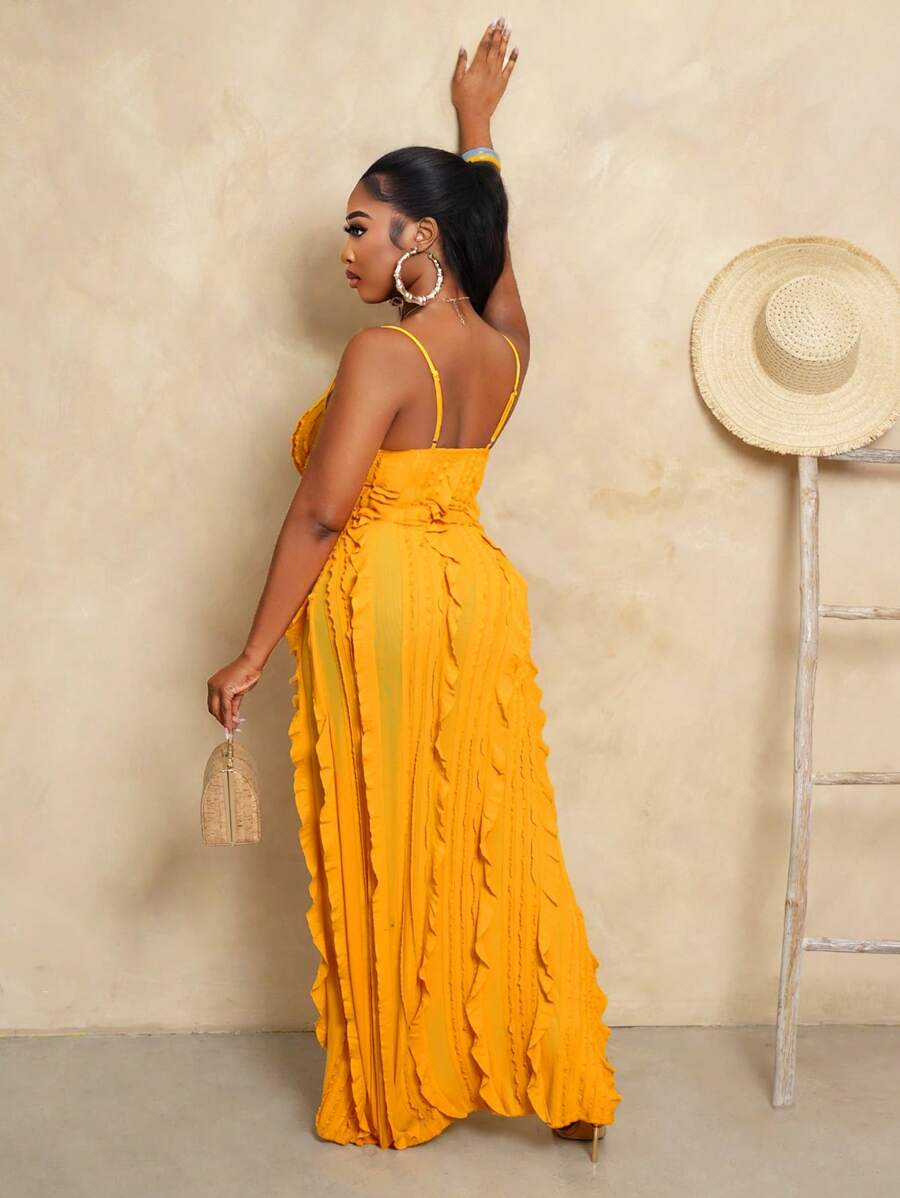 فستان كامي نسائي من BamGleam بلون سادة وحاشية مكشكشة ومنفصلة ومنخفضة الارتفاع Shein