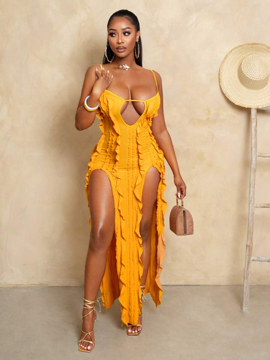 فستان كامي نسائي من BamGleam بلون سادة وحاشية مكشكشة ومنفصلة ومنخفضة الارتفاع Shein