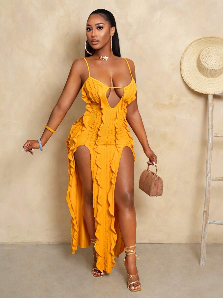 فستان كامي نسائي من BamGleam بلون سادة وحاشية مكشكشة ومنفصلة ومنخفضة الارتفاع Shein