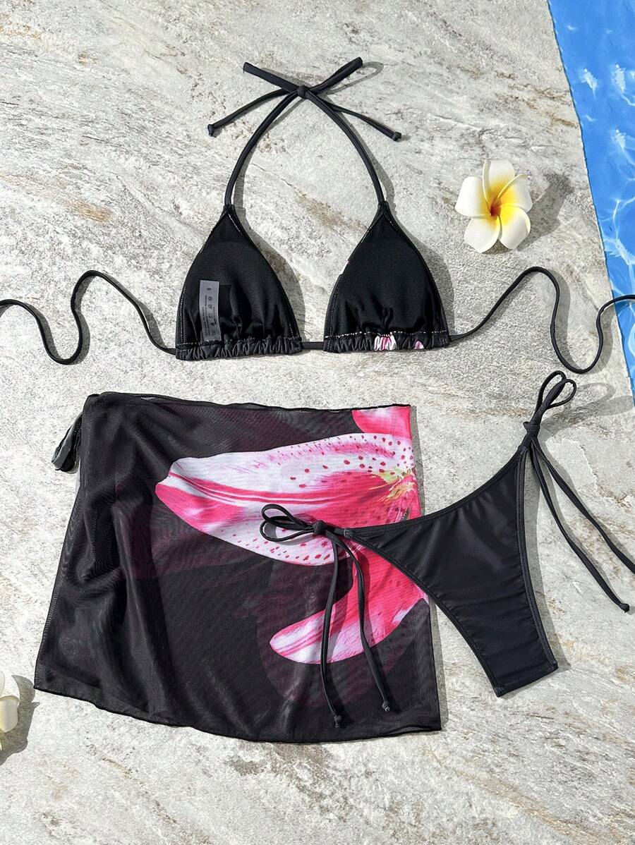 طقم-بكيني نسائي بـ 3-قطع بنمط تدرّج الألوان بطبعة أزهار