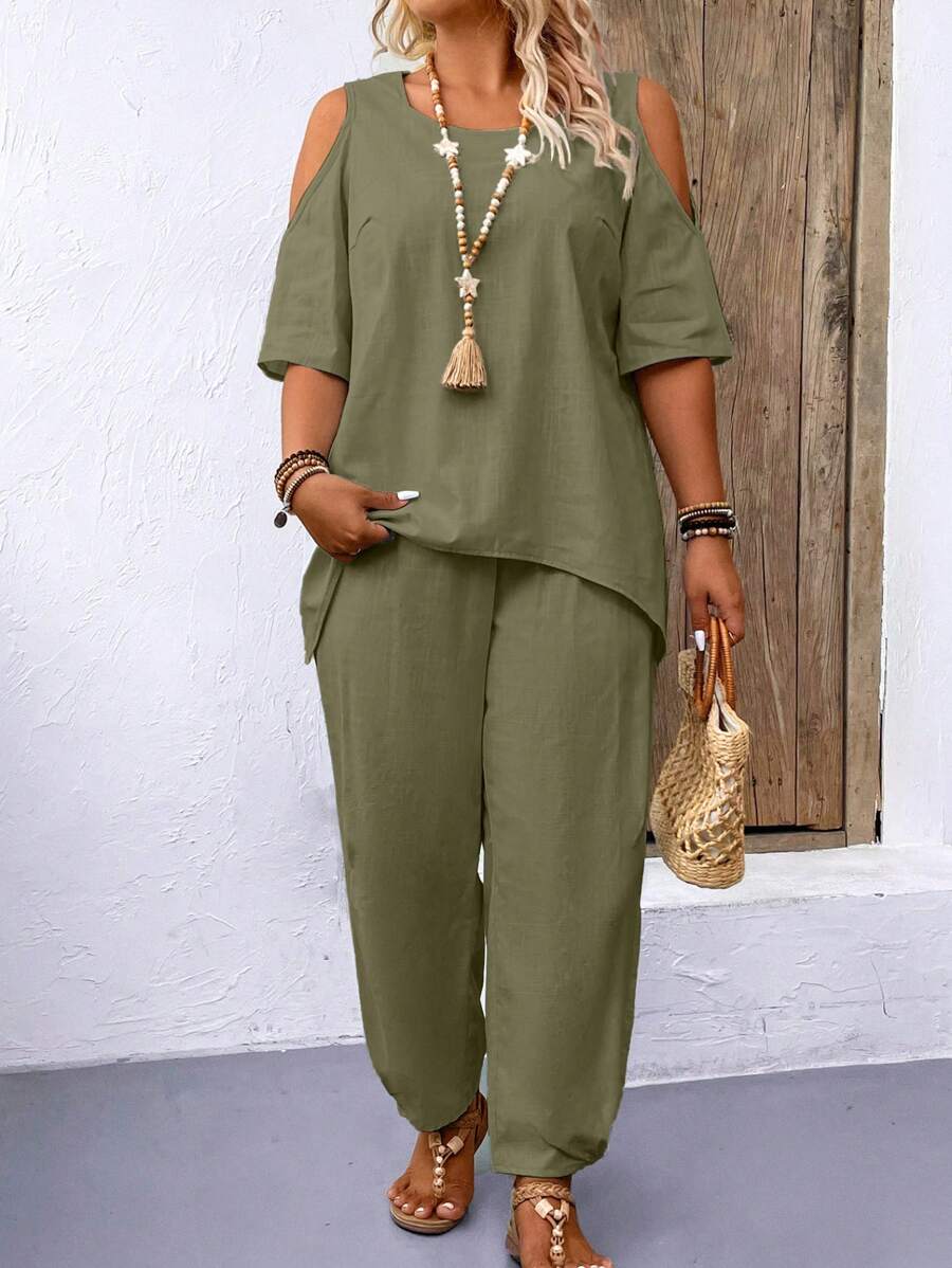 طقم بلوزة صيفية سادة بأكمام مكشوفة وبنطلون كاجوال فضفاض للنساء م بمقاسات كبيرة، قطعتين