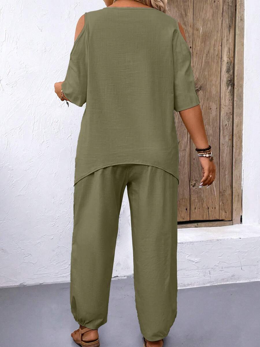 طقم بلوزة صيفية سادة بأكمام مكشوفة وبنطلون كاجوال فضفاض للنساء م بمقاسات كبيرة، قطعتين