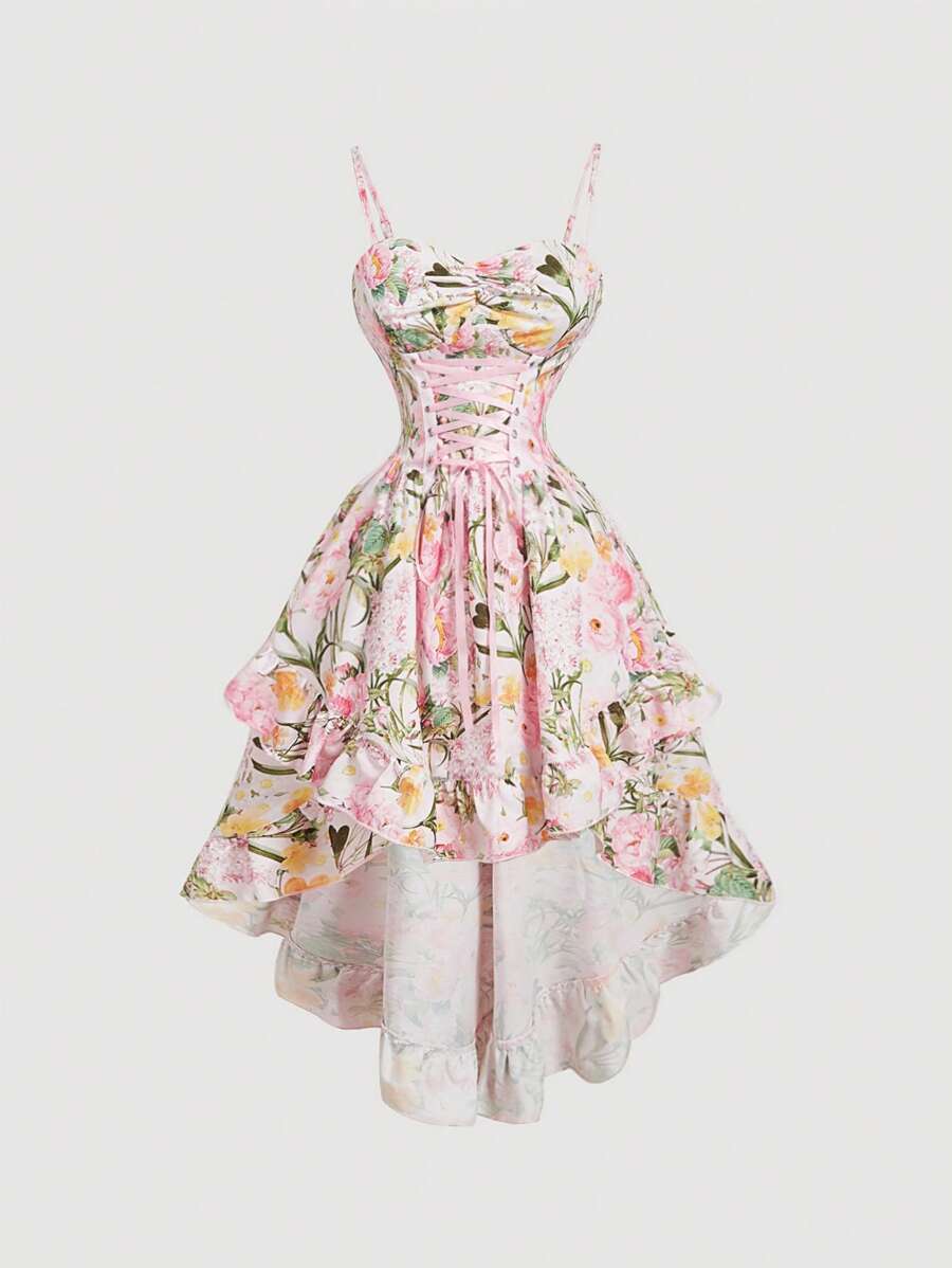 فستان نسائي من SHEIN MOD بطبعة زهور وحافة غير متماثلة، وردي