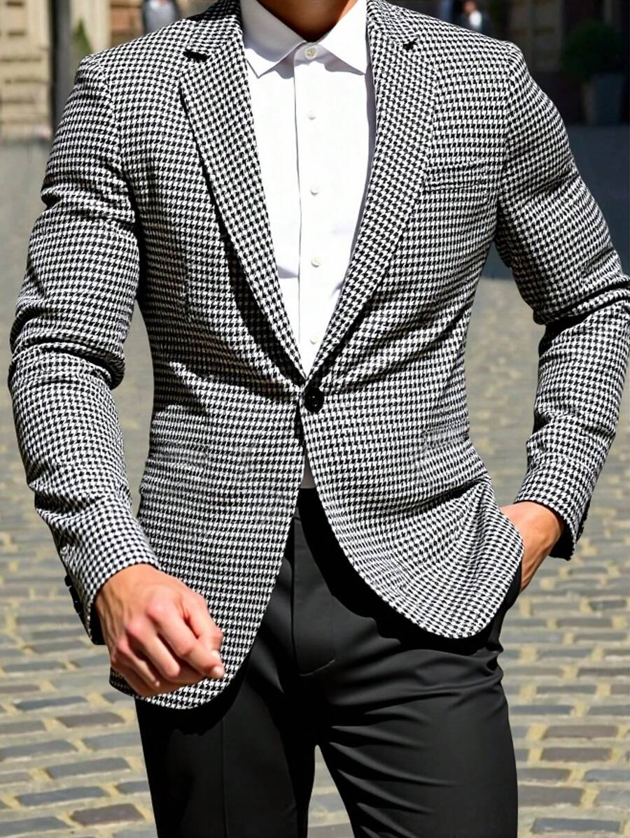 بليزر رجالي بياقة وأكمام طويلة بنقشة هيرنجبون