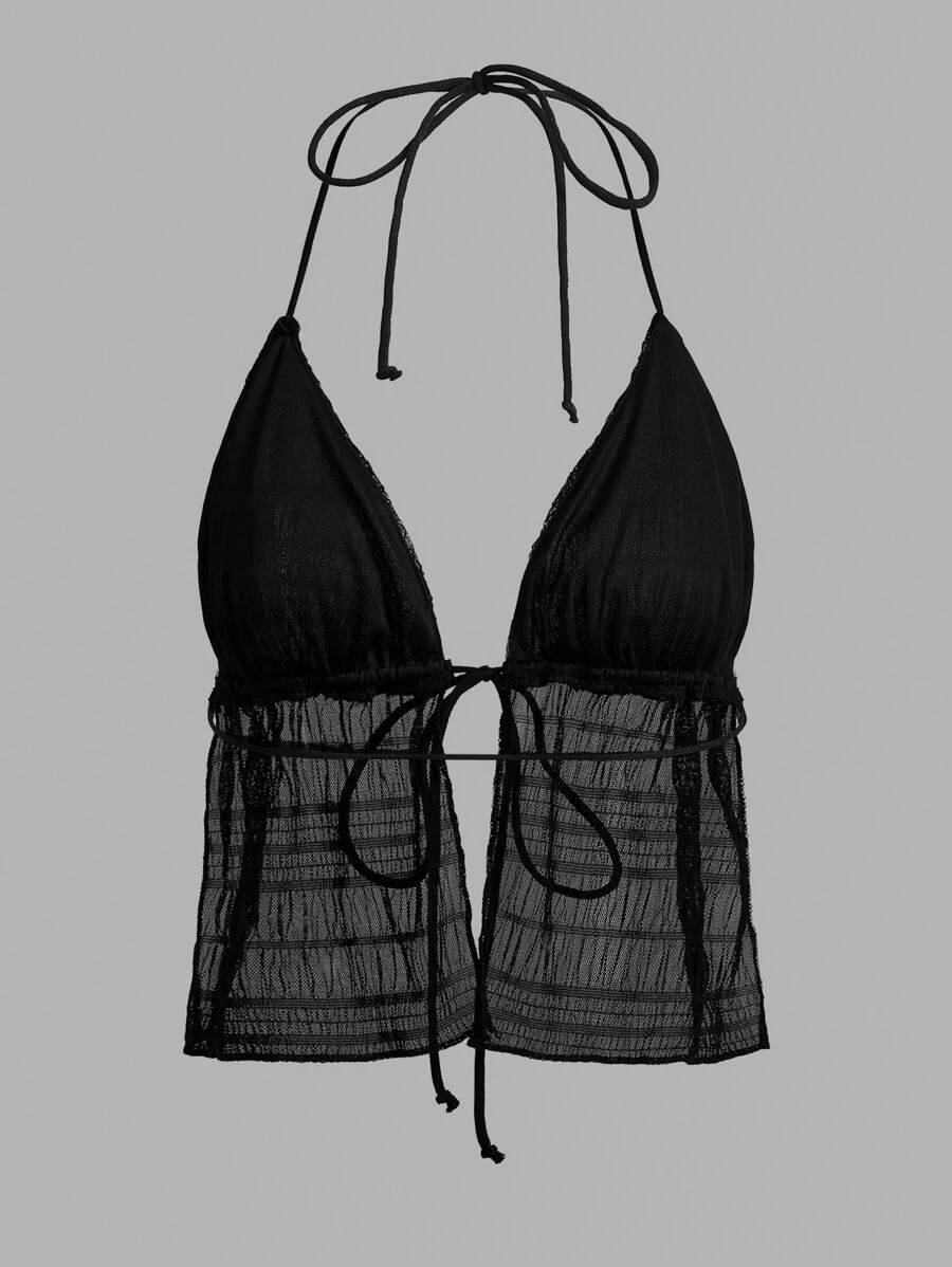 طقم  قطعتين صيفي Y2K – توب هالتر مفتوح الظهر شفاف بلون سادة