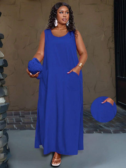 فستان ماكسي كاجوال بدون أكمام سادة للنساء بمقاسات كبيرة من shein