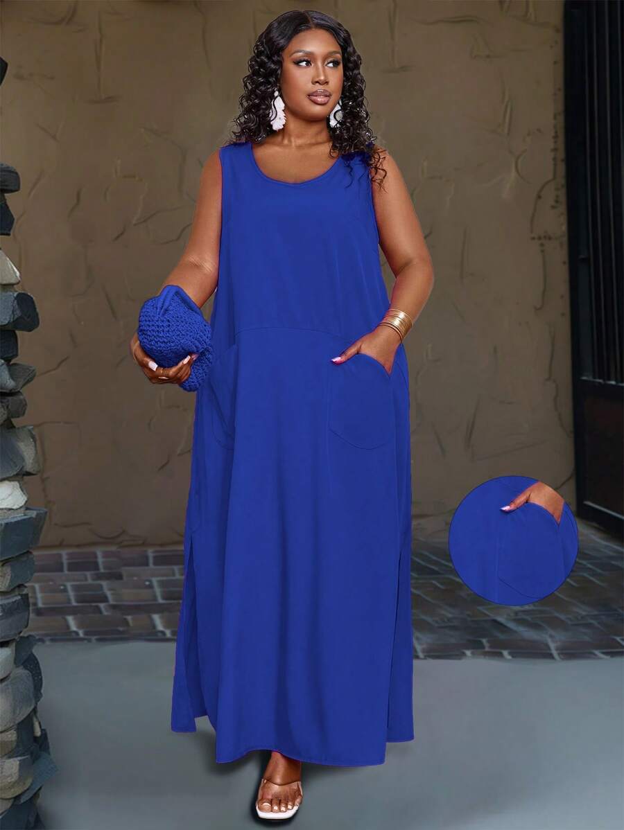 فستان ماكسي كاجوال بدون أكمام سادة للنساء بمقاسات كبيرة من shein
