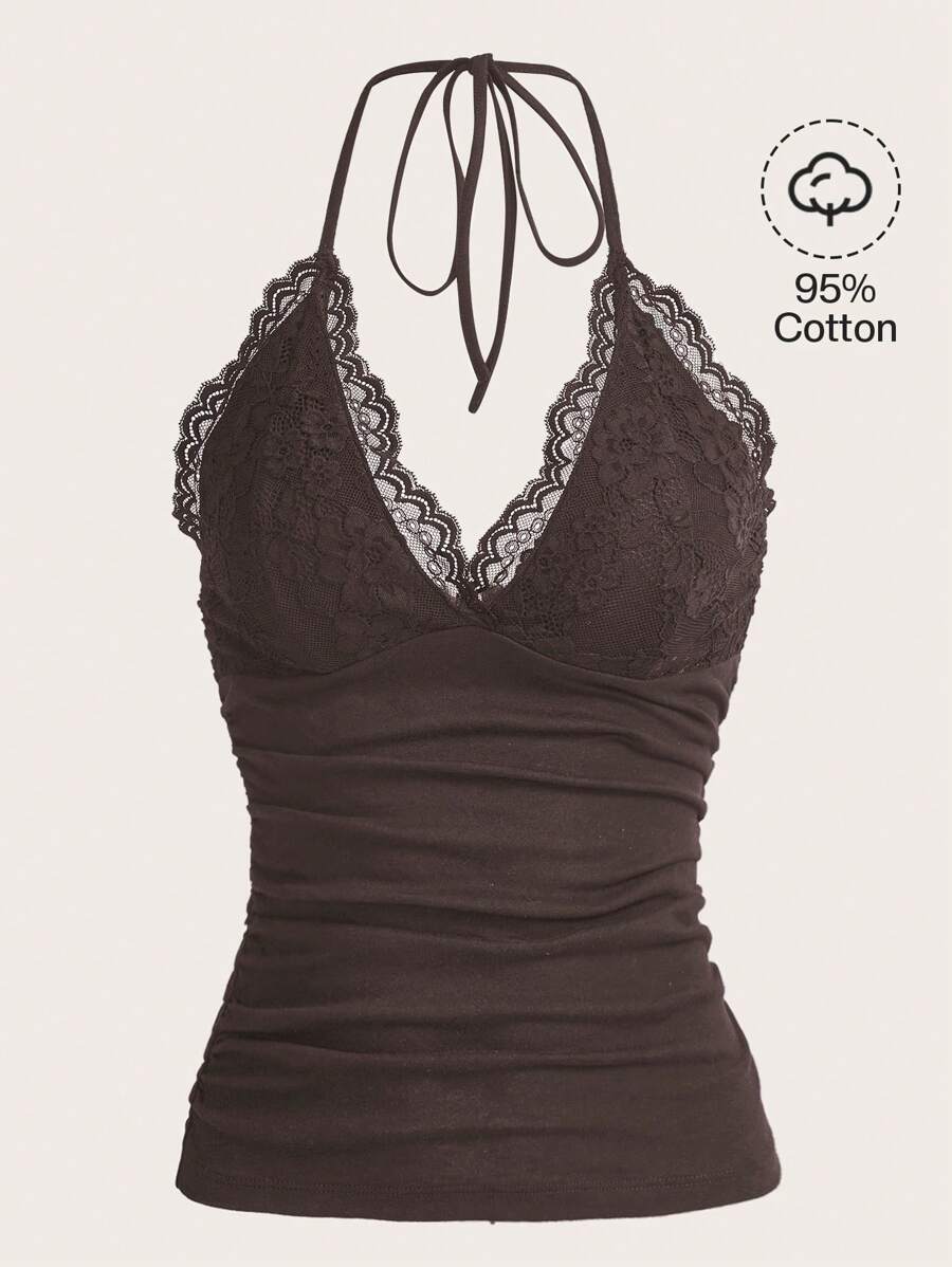 بلوزة ROMWE PUNK بتصميم هالتر مع كشكشة من الدانتيل المتباين