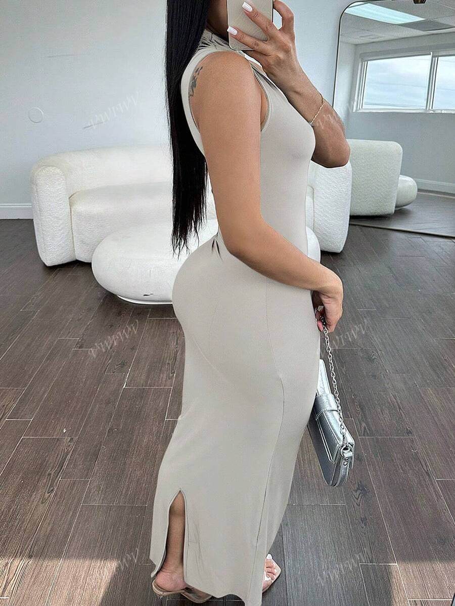 shein فستان نسائي ضيق بدون أكمام بياقة مدورة وحافة مقسمة