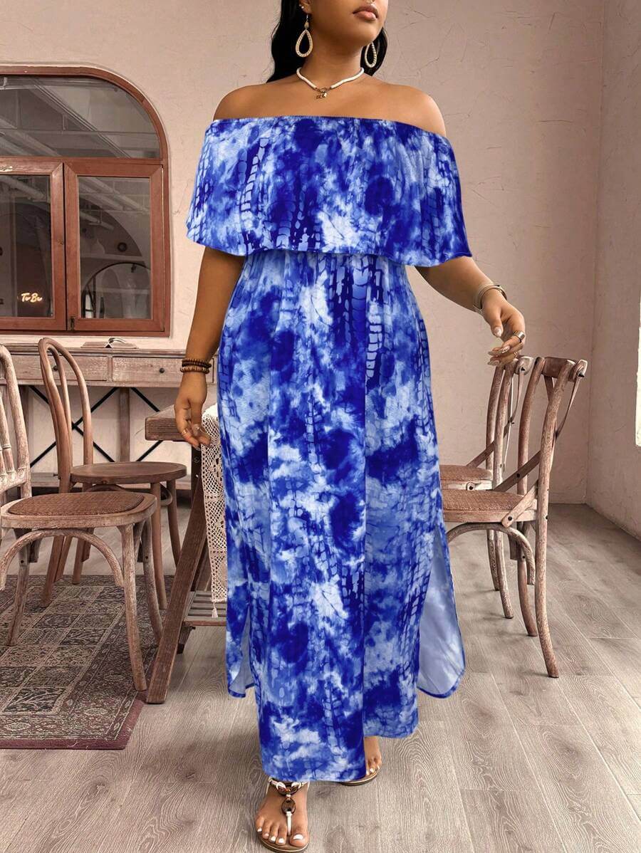 فستان نسائي من SHEIN VCAY بمقاسات كبيرة مطبوع عليه ربطة عنق وكتف مكشوف من الكشكشة