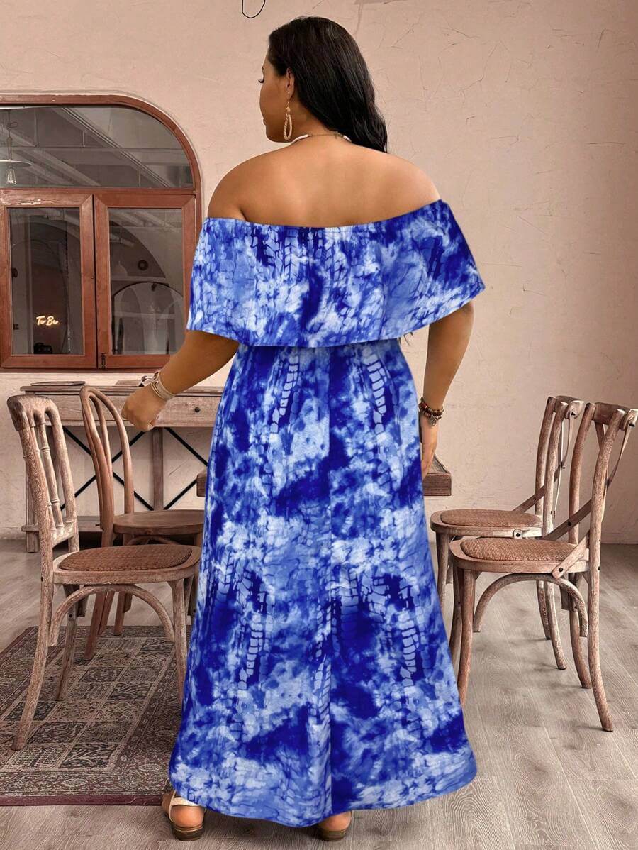 فستان نسائي من SHEIN VCAY بمقاسات كبيرة مطبوع عليه ربطة عنق وكتف مكشوف من الكشكشة