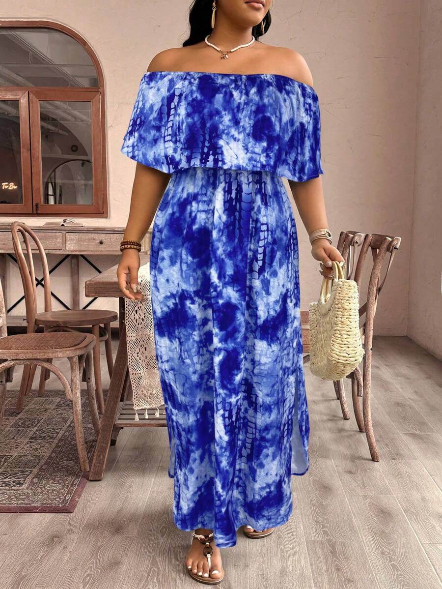 فستان نسائي من SHEIN VCAY بمقاسات كبيرة مطبوع عليه ربطة عنق وكتف مكشوف من الكشكشة