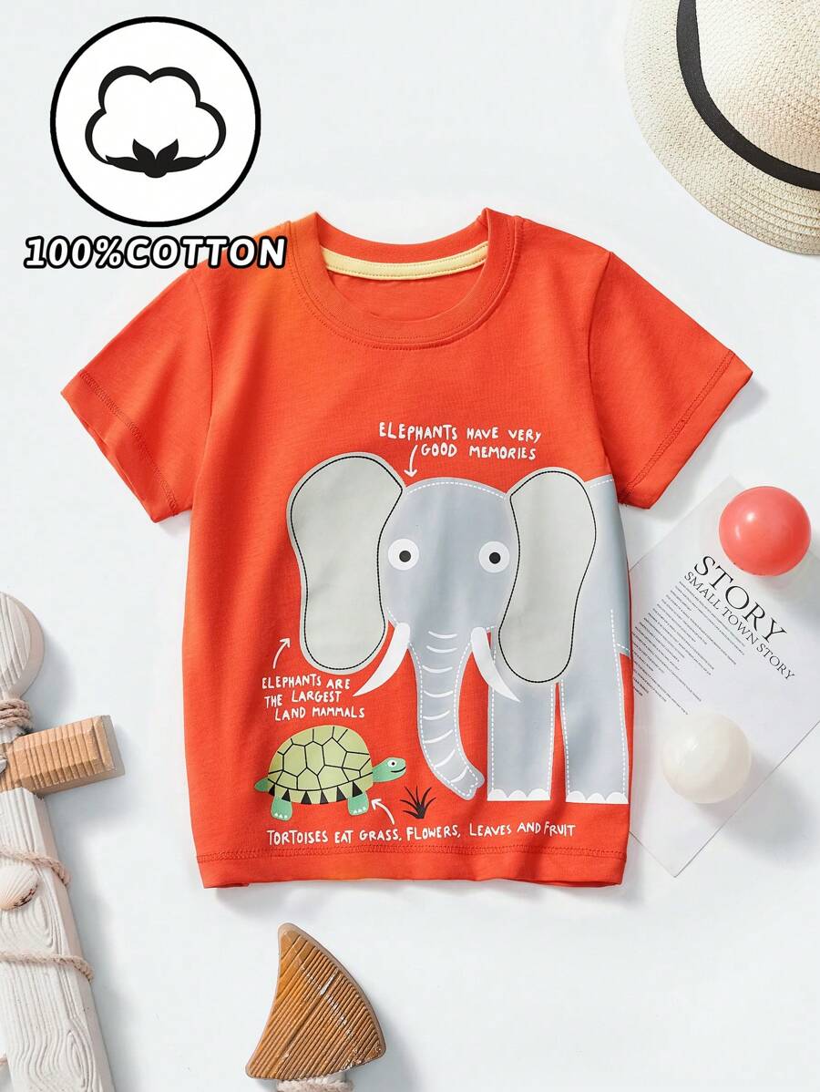 تي شيرت كاجوال للأولاد الصغار برقبة دائرية وأكمام قصيرة وطبعة فيل كرتونية، ملابس عصرية للربيع والصيف