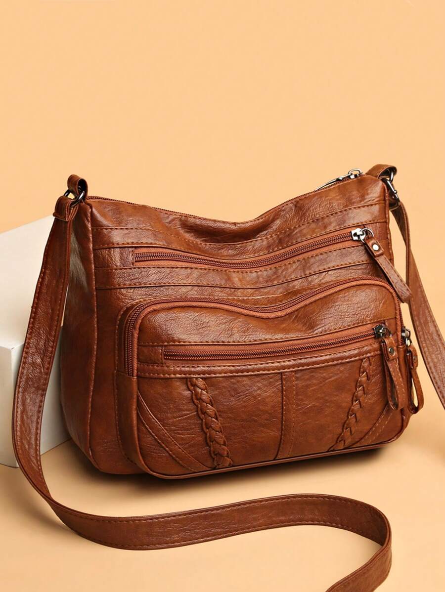 حقيبة تسوق نسائية كبيرة الحجم بلون سادة، جيوب متعددة الطبقات بسحاب