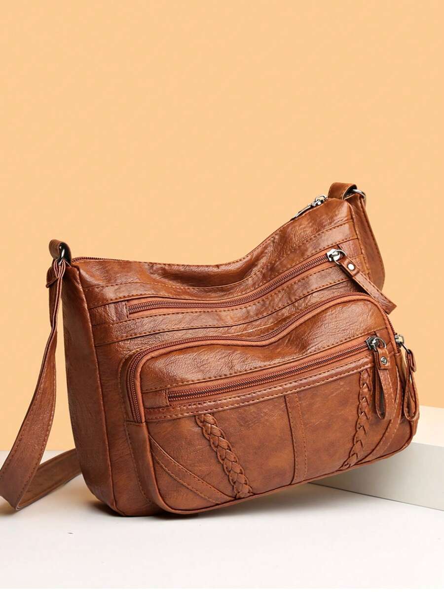 حقيبة تسوق نسائية كبيرة الحجم بلون سادة، جيوب متعددة الطبقات بسحاب