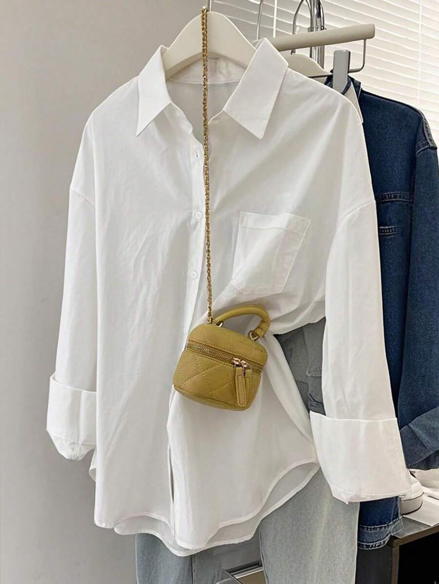 قميص INAWLY نسائي مقاس كبير بلون سادة وأكمام طويلة وجيب بصف واحد من الأزرارShein