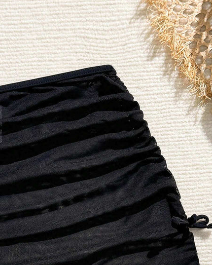 تنورة  سوداء ملفوفة بغطاء جانبي برباط بلون سادة  قصيرة للبنات من Shein