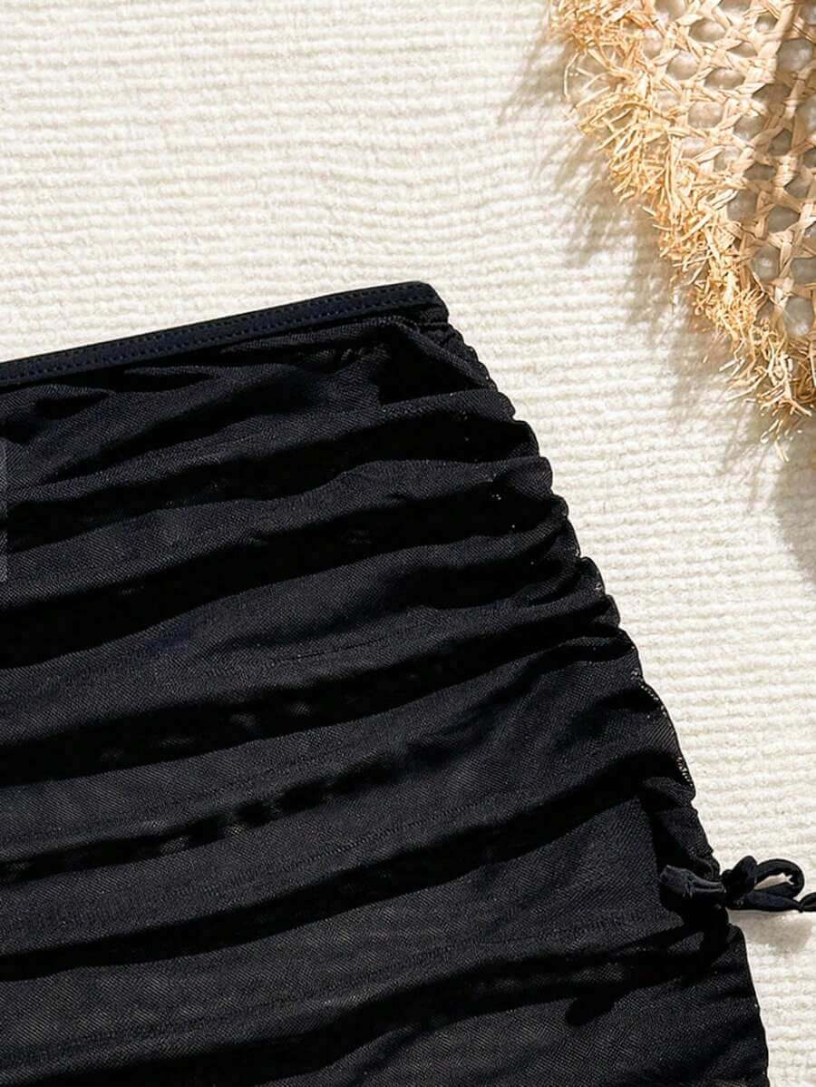 تنورة  سوداء ملفوفة بغطاء جانبي برباط بلون سادة  قصيرة للبنات من Shein