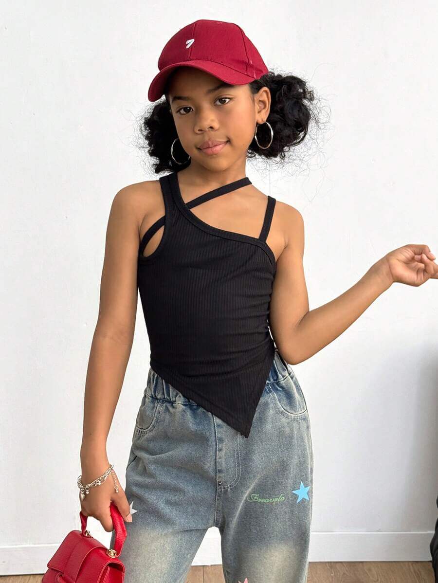 بلوزة SHEIN Streecool Kids Tween للفتيات الصغيرات بياقة غير متماثلة وحافة مضلعة