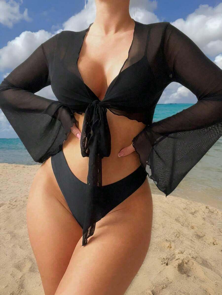 كيمونو نسائي من SHEIN Swim Summer Beach برباط أمامي وحاشية