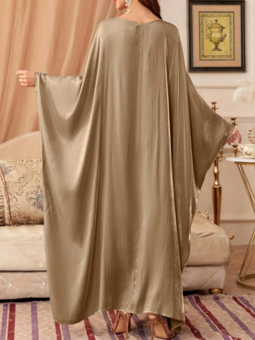 1 قطعة رداء نسائي جديد من الساتان اللامع فضفاض بطول الأرض، عباية عربية أنيقة بأكمام طويلة