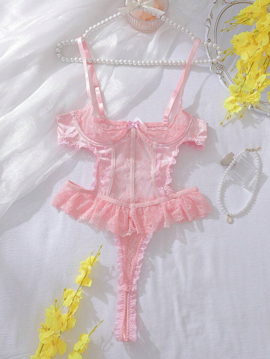 جمبسوت نسائي دانتيل مثير ومفرغ مع كشكش، إطلالة جذابة وناعمة