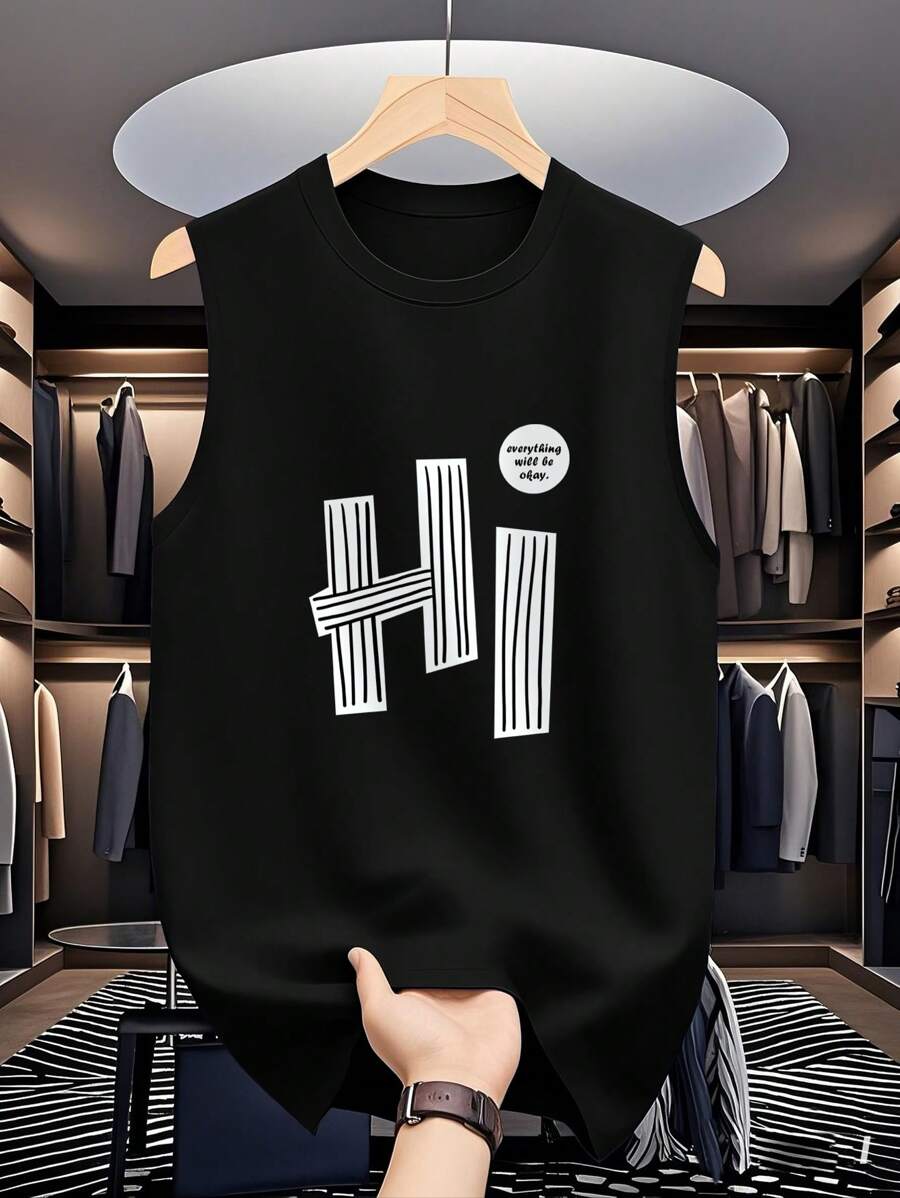 تيشيرت رجالي بدون أكمام باللون الأسود مطبوع عليه حروف برقبة دائرية