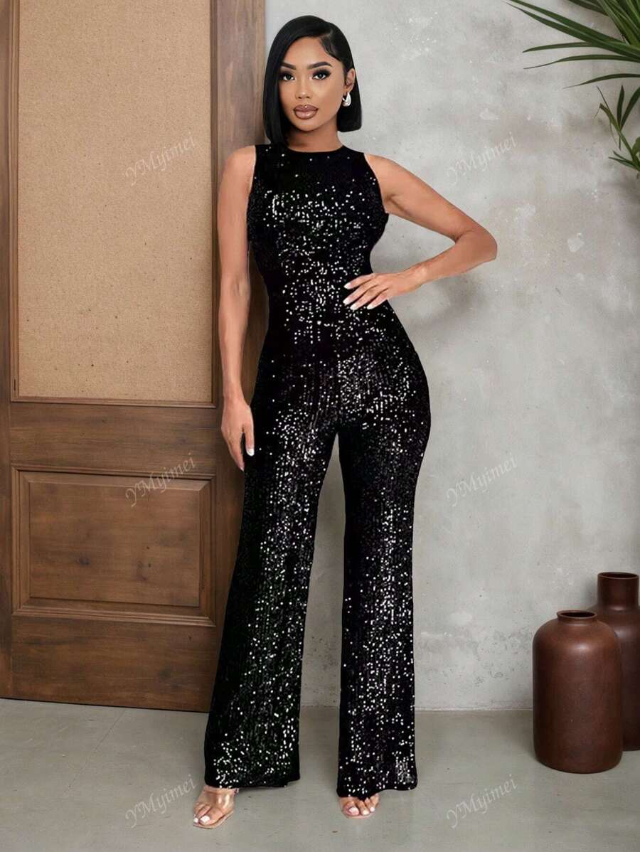جمبسوت نسائي سادة بدون أكمام مزينة بالترتر