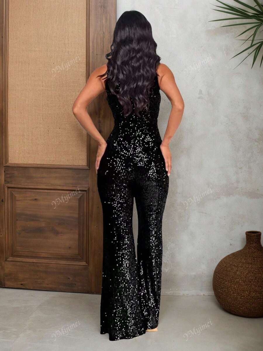 جمبسوت نسائي سادة بدون أكمام مزينة بالترتر