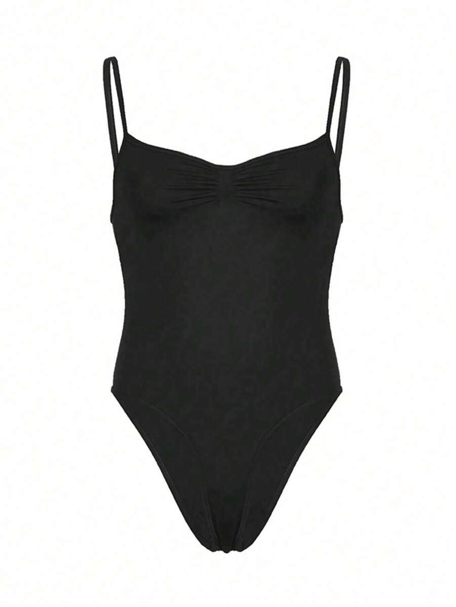 بودي سوت نسائي من INAWLY بدون أكمام بلون سادة وتصميم مجمّع ضيّق