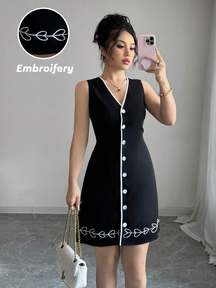 فستان Elenzga أنيق بدون أكمام بتطريز وربطة خصر بتصميم رقبة V