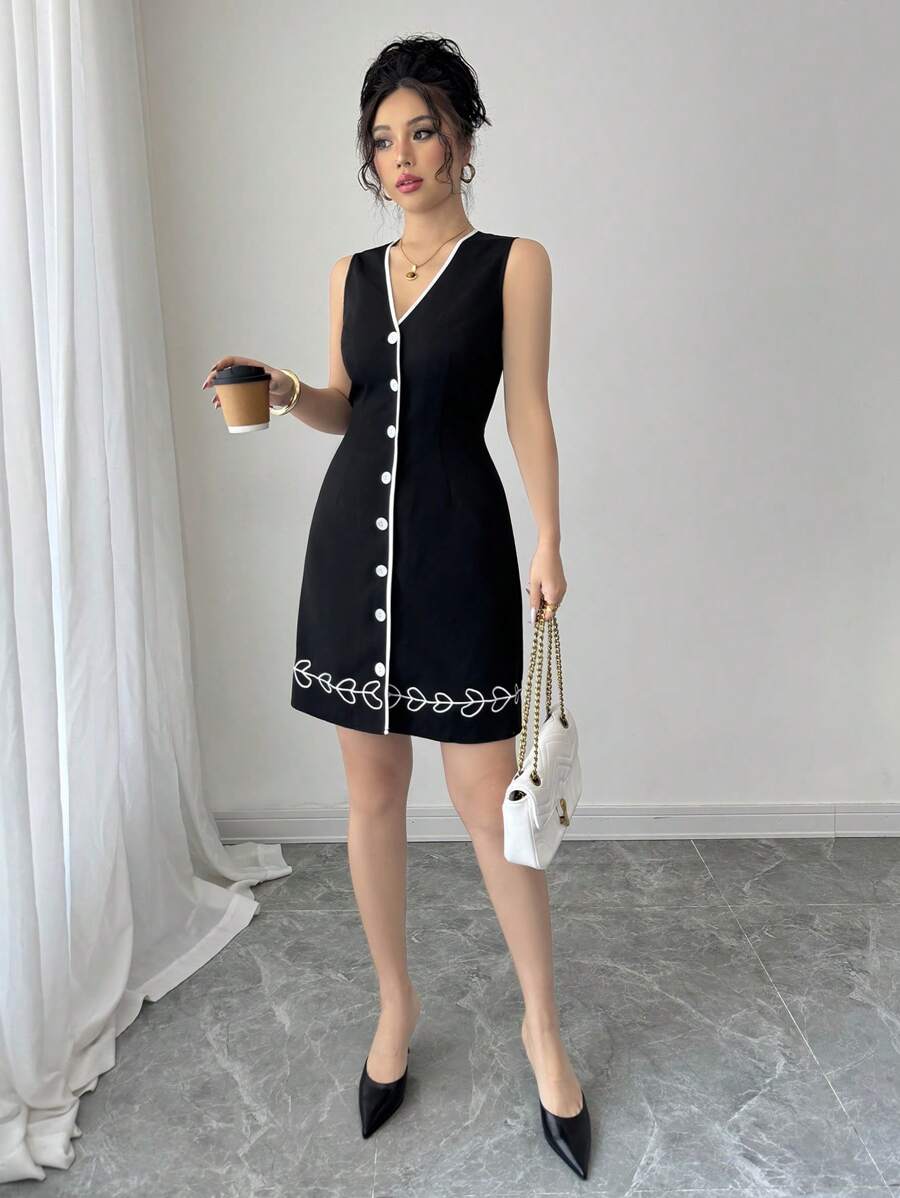 فستان Elenzga أنيق بدون أكمام بتطريز وربطة خصر بتصميم رقبة V