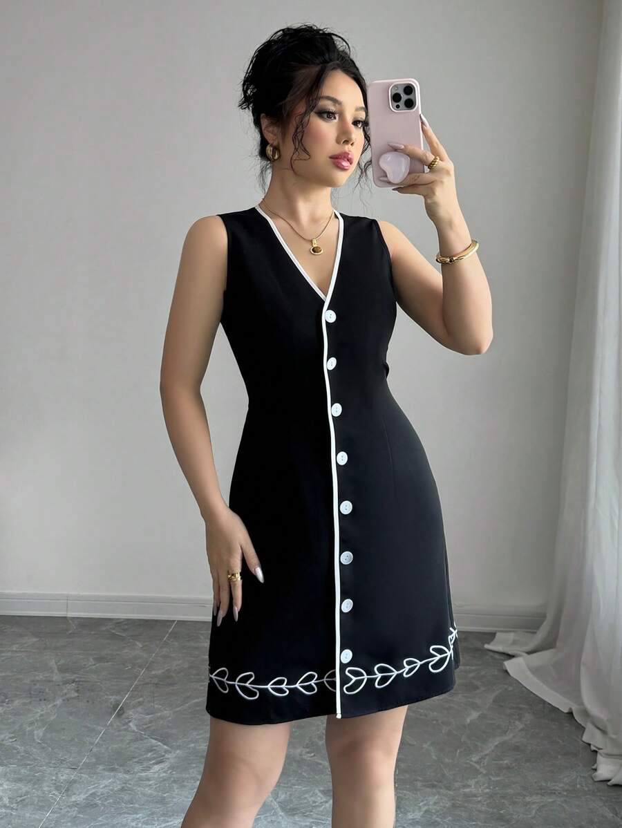 فستان Elenzga أنيق بدون أكمام بتطريز وربطة خصر بتصميم رقبة V