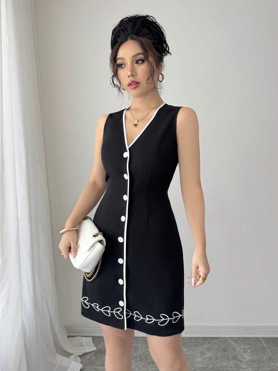 فستان Elenzga أنيق بدون أكمام بتطريز وربطة خصر بتصميم رقبة V