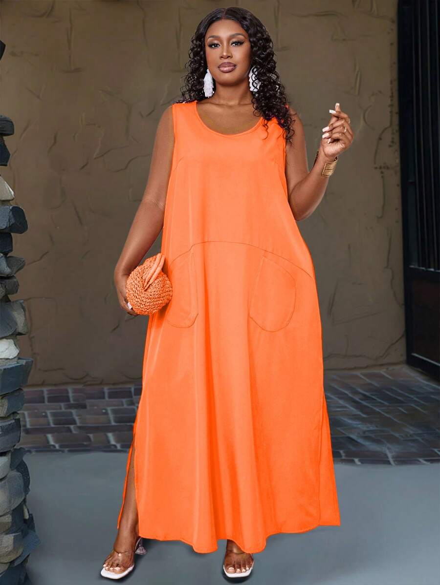 فستان ماكسي كاجوال بدون أكمام سادة للنساء بمقاسات كبيرة من shein