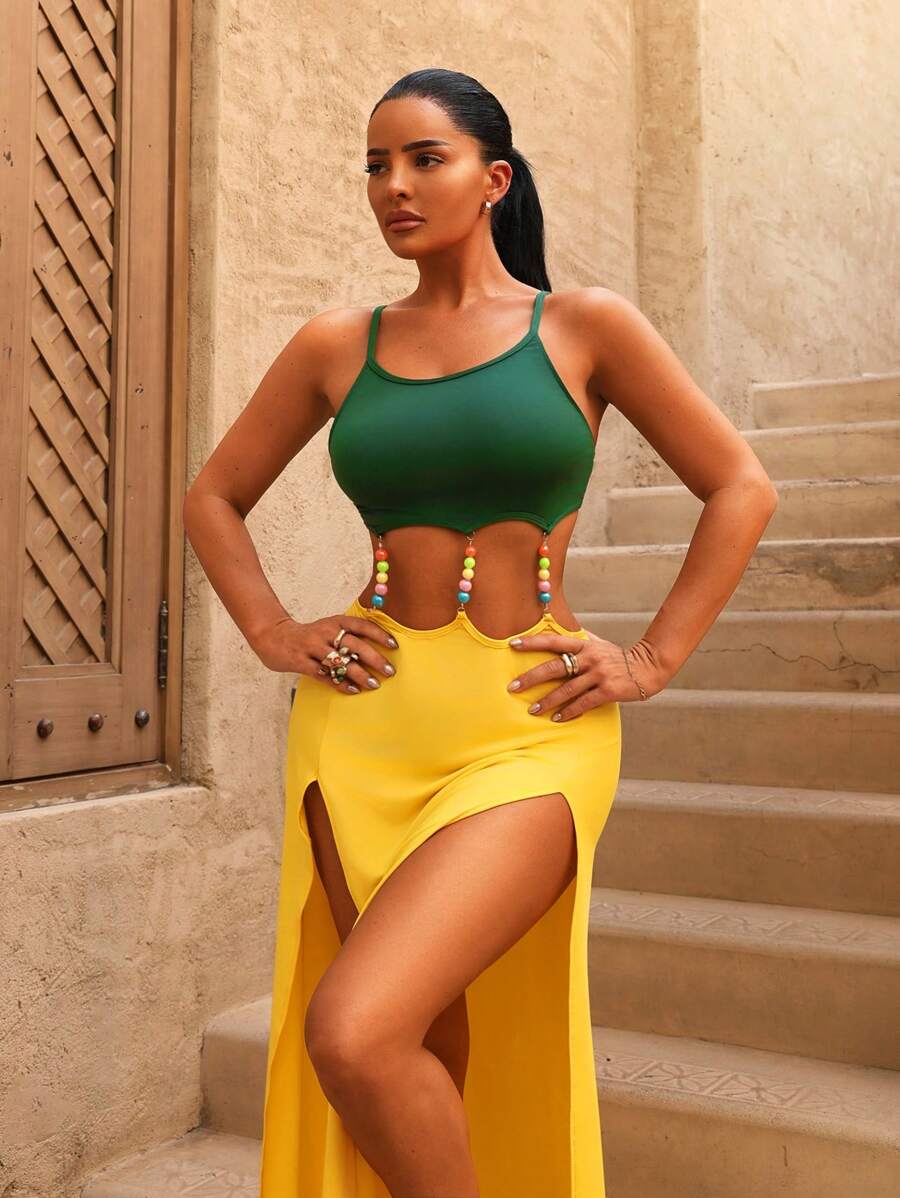 بودي سوت نسائي من INAWLY بدون أكمام بلون سادة وتصميم مجمّع ضيّق