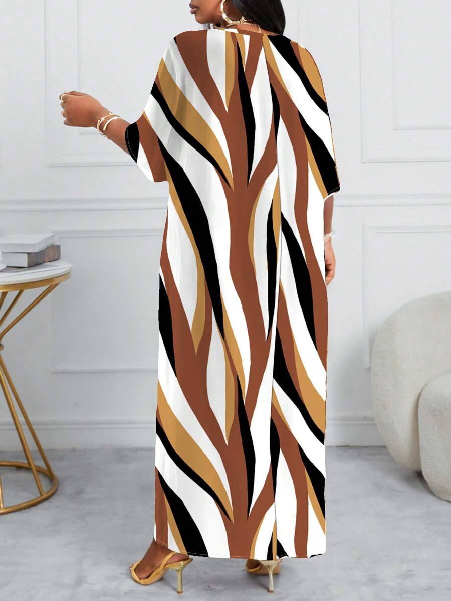 فستان نسائي من SHEIN Lady Plus Size بطبعة مخططة – فستان ماكسي صيفي أنيق ومريح للمقاسات الكبيرة