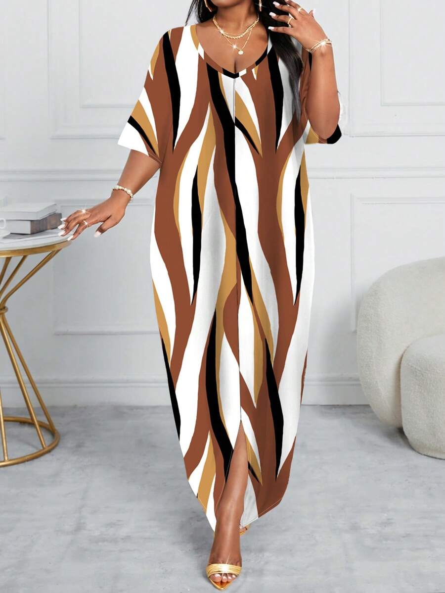 فستان نسائي من SHEIN Lady Plus Size بطبعة مخططة – فستان ماكسي صيفي أنيق ومريح للمقاسات الكبيرة