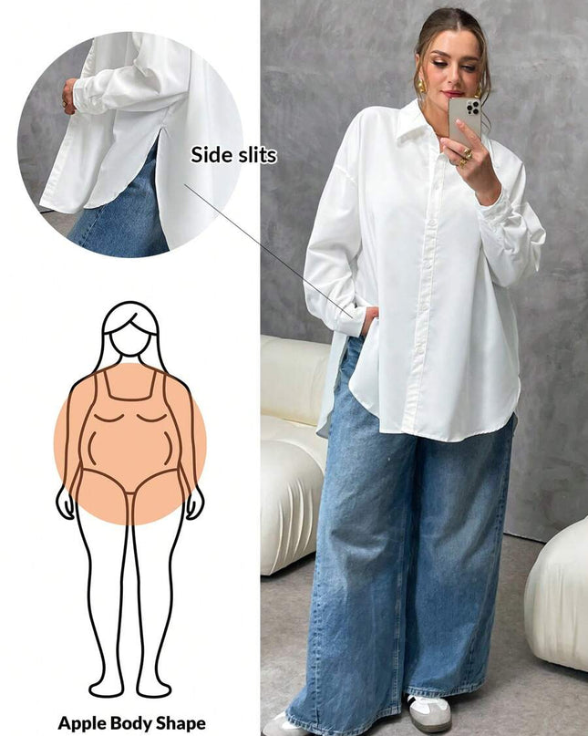 قميص نسائي فضفاض أبيض بأكمام طويلة وأزرار للأسفل من SHEIN Essnce