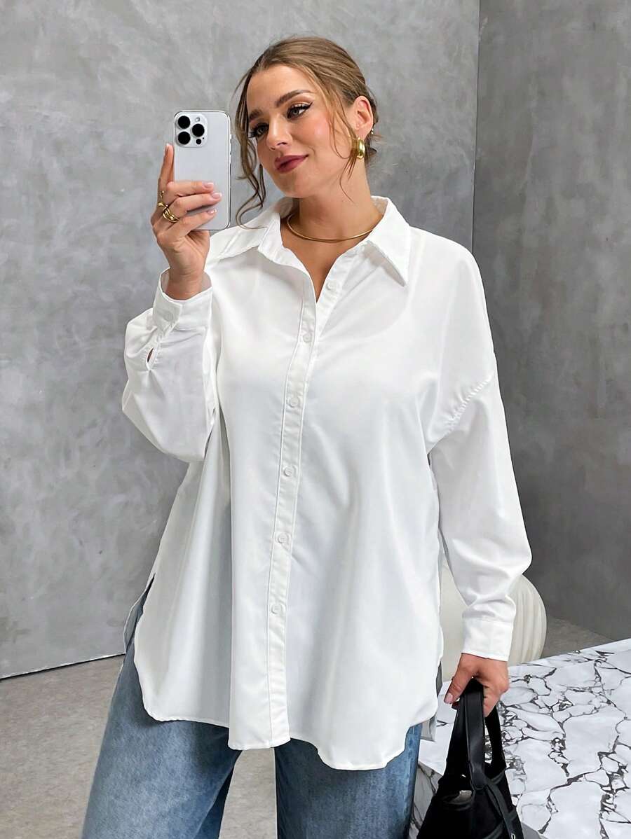 قميص نسائي فضفاض أبيض بأكمام طويلة وأزرار للأسفل من SHEIN Essnce