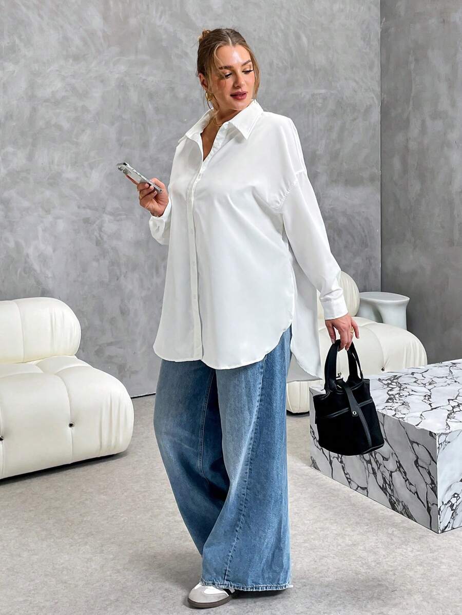 قميص نسائي فضفاض أبيض بأكمام طويلة وأزرار للأسفل من SHEIN Essnce
