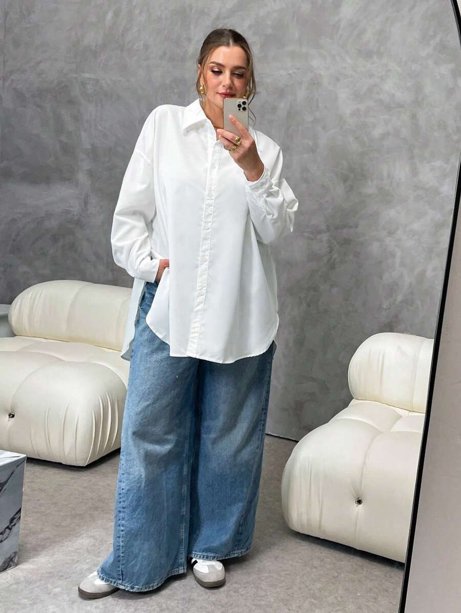 قميص نسائي فضفاض أبيض بأكمام طويلة وأزرار للأسفل من SHEIN Essnce