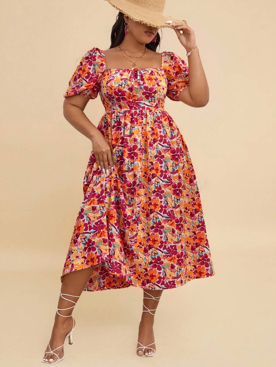 فستان ترافاشيك بوهو بمقاسات كبيرة، مطبوع عليه زهور بالكامل،shein