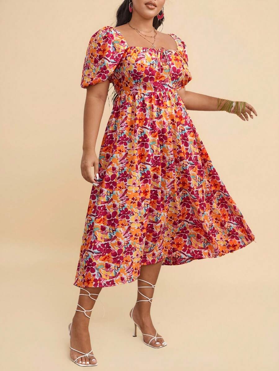 فستان ترافاشيك بوهو بمقاسات كبيرة، مطبوع عليه زهور بالكامل،shein