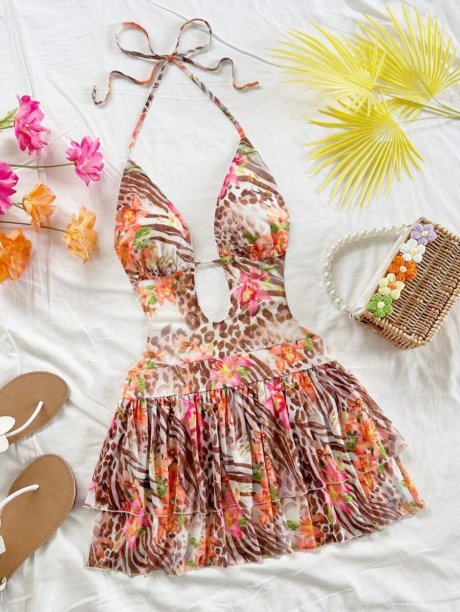 فستان قصير مثير للنساء من Soleia بطبعة حيوانية وزهور وفتحة رقبة على شكل حرف V