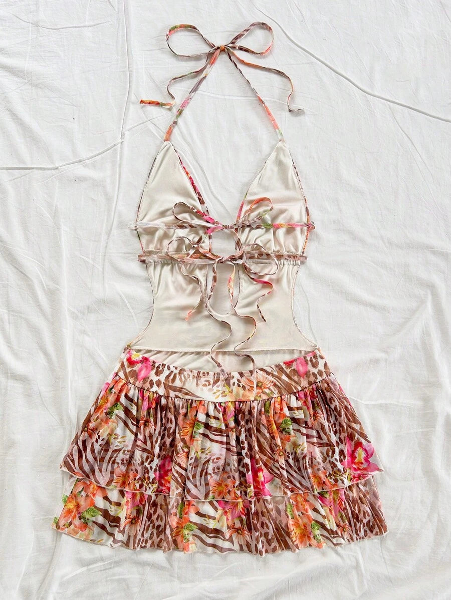 فستان قصير مثير للنساء من Soleia بطبعة حيوانية وزهور وفتحة رقبة على شكل حرف V