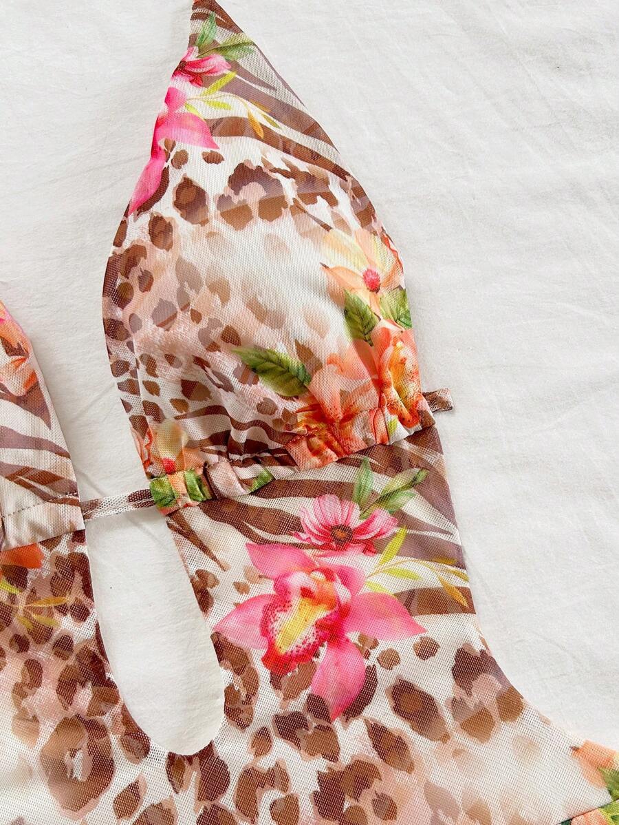 فستان قصير مثير للنساء من Soleia بطبعة حيوانية وزهور وفتحة رقبة على شكل حرف V