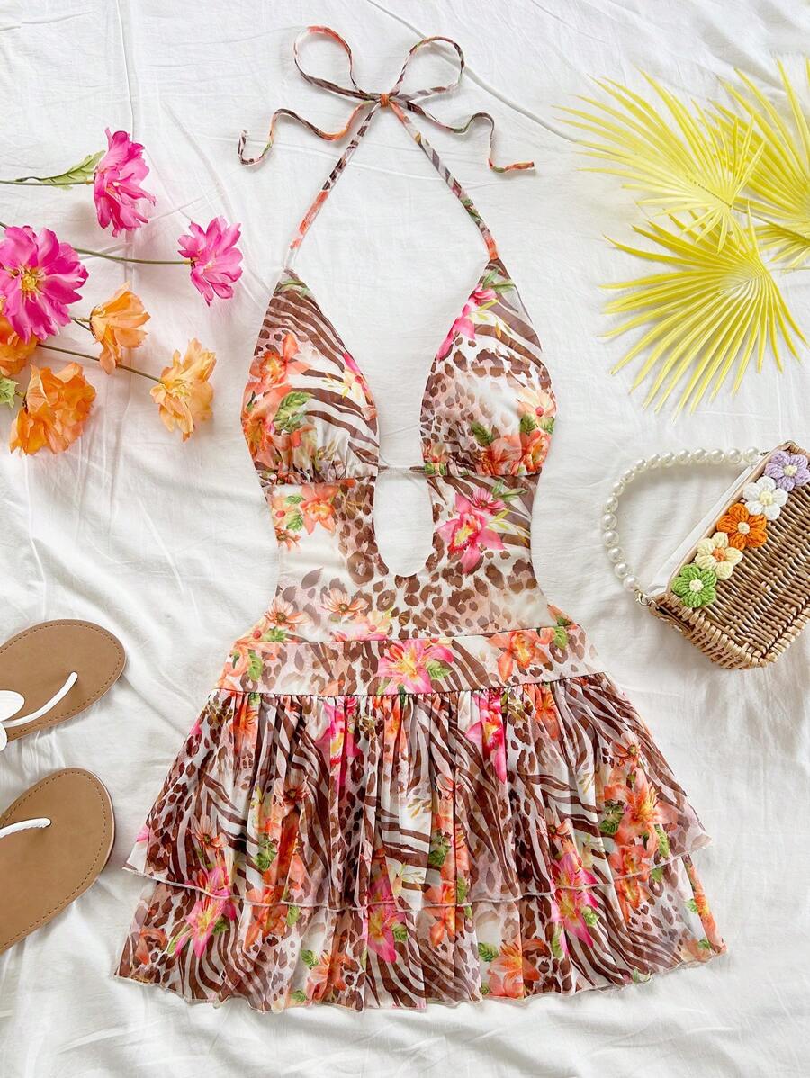 فستان قصير مثير للنساء من Soleia بطبعة حيوانية وزهور وفتحة رقبة على شكل حرف V